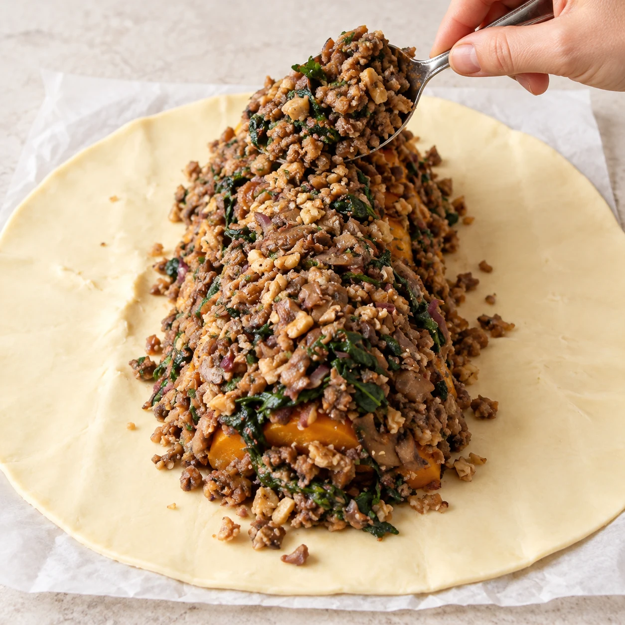 Bûche de farce aux champignons couvrant le cœur de butternut, pâte encore ouverte.