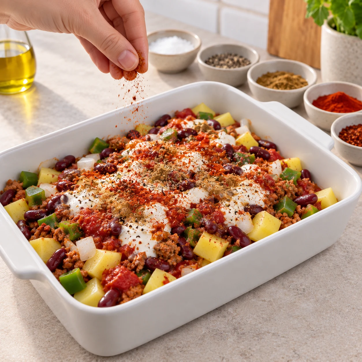 Assaisonner le gratin : Les épices sont réparties sur la préparation. Ingrédients visibles exclusivement : Haché végétal de soja cuisiné, Pommes de terre, Oignon émincé, Ail, Poivron vert en dés, Haricots rouges en conserve, égouttés, Tomates concassées, Yaourt de soja nature, Huile d’olive, Sel, Poivre noir moulu, Cumin moulu, Paprika moulu, Piment en poudre.