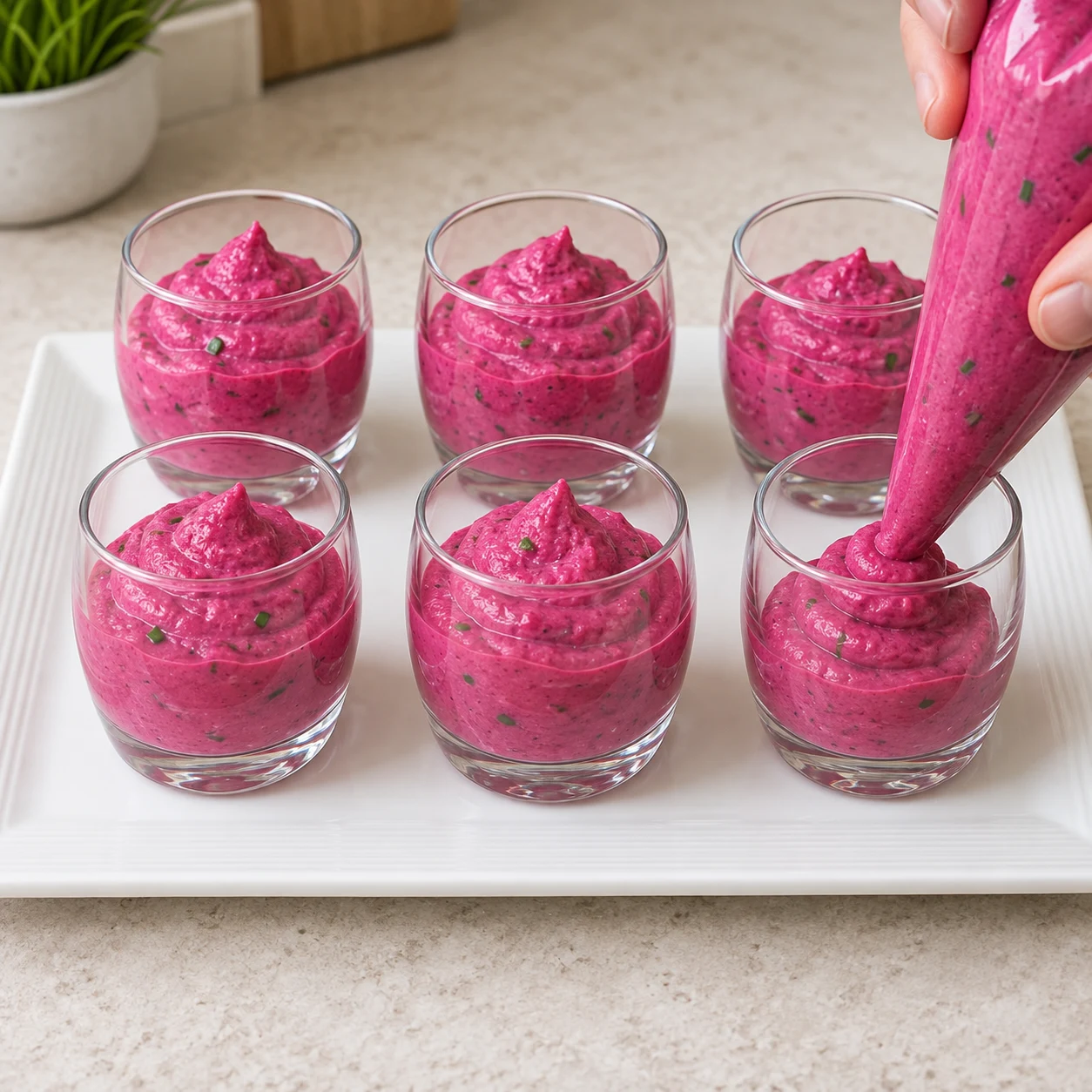 Poche remplissant six petites verrines transparentes avec la crème magenta.