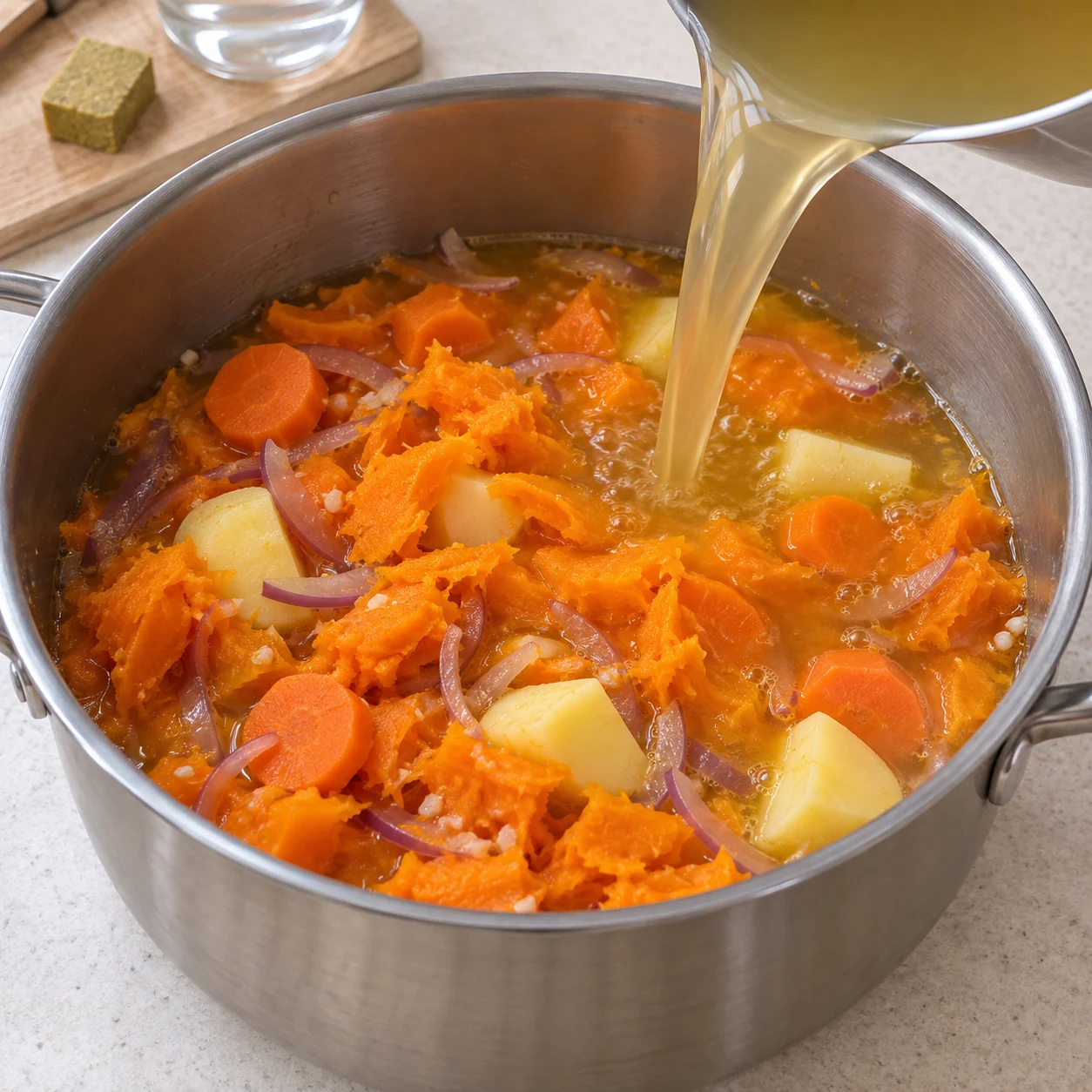 Versez le bouillon de légumes pour mouiller à hauteur, comme dans la recette d’origine. Montrer uniquement les ingrédients présents à cette phase.