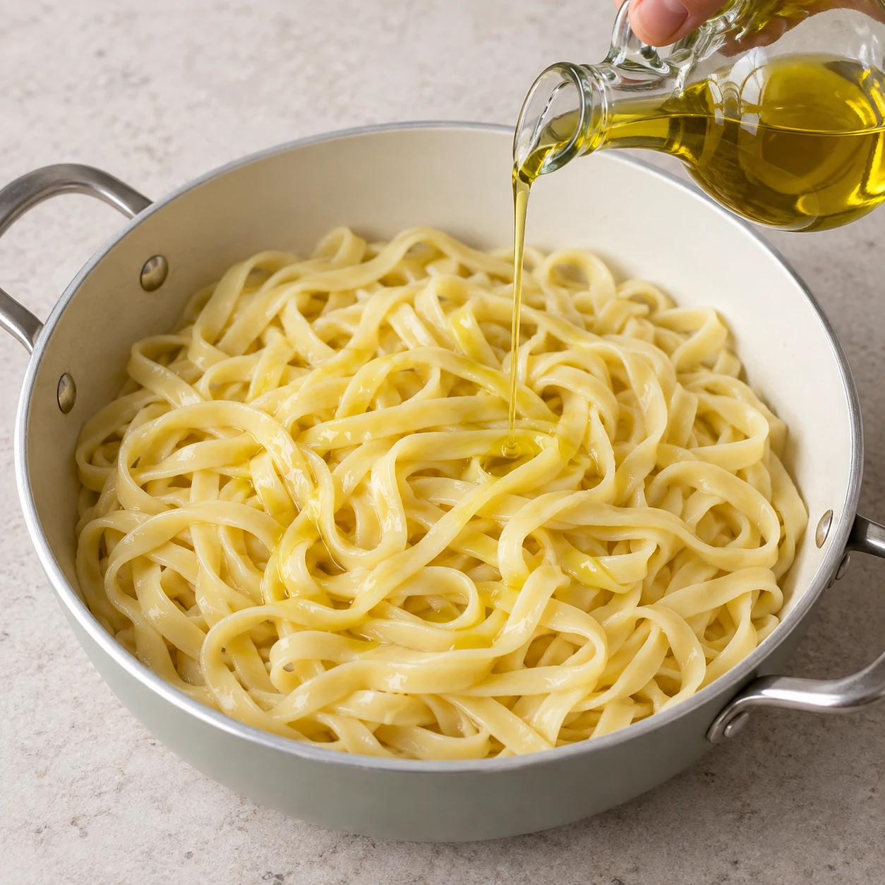 Un filet d’huile d’olive versé sur les tagliatelles cuites.