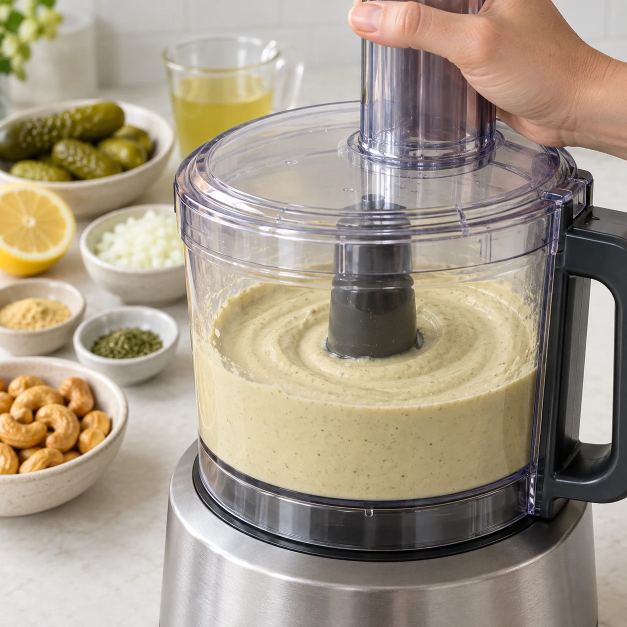 Mixer la base. La crème est lisse et homogène, sans morceaux de noix.