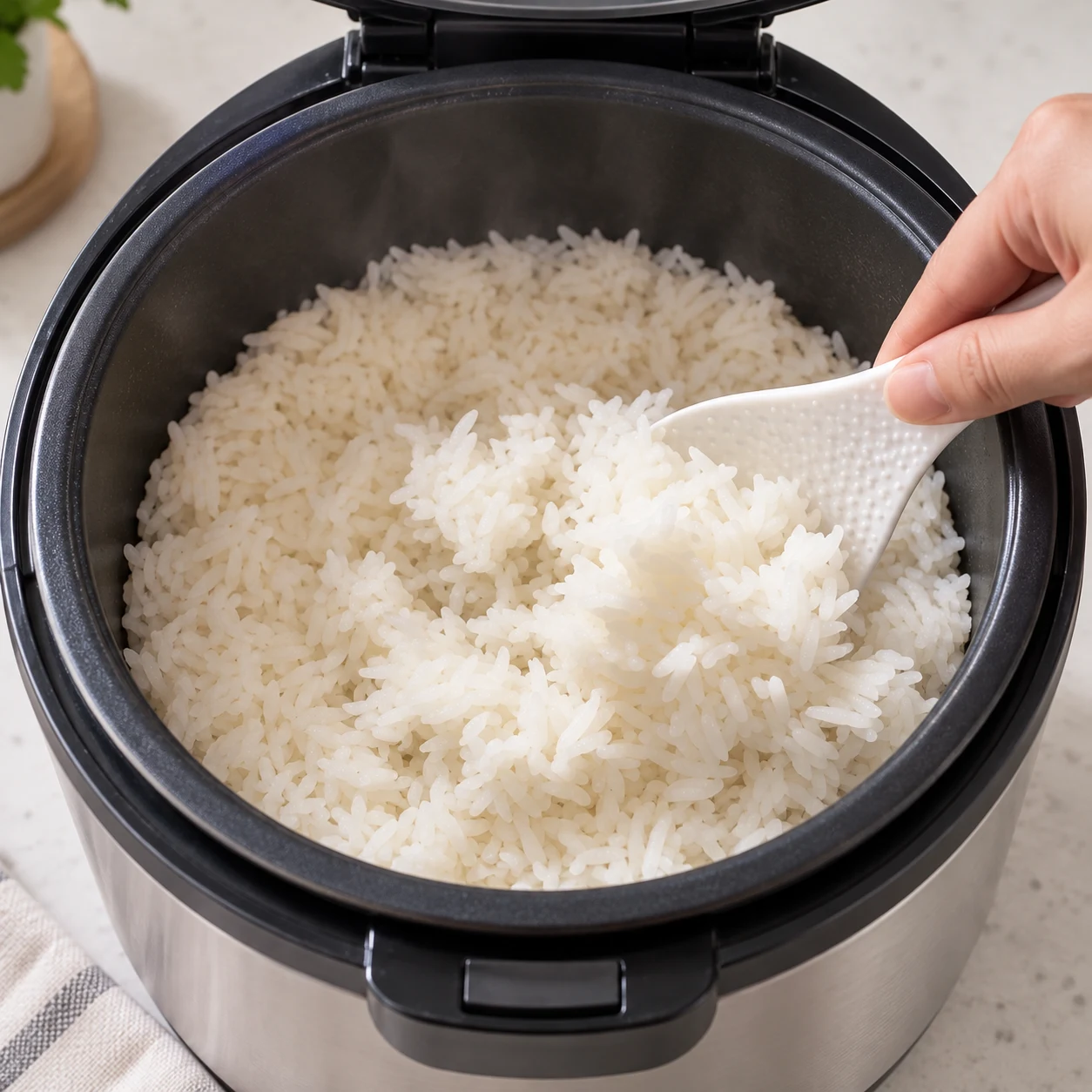 Riz blanc juste cuit et humide dans la cuve ouverte d’un cuiseur à riz, grains distincts, sans autre ingrédient. L’état du riz est sourcé par la capture 42 s ; le geste vient de la recette d’origine 16.8–18.08 s.