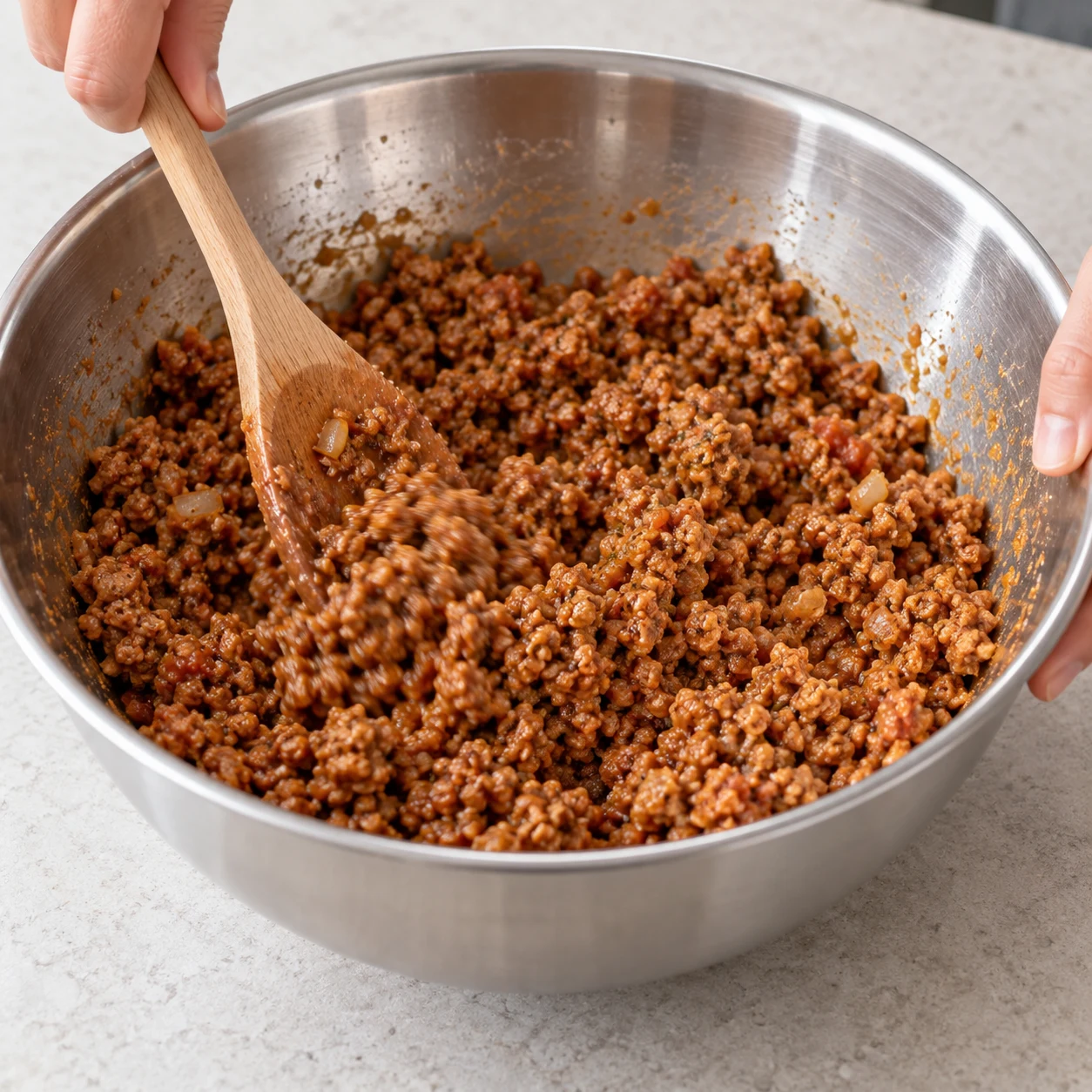 Haché de soja humide en petits grains brun rouge, mélangé à la fécule dans un bol ; pas de gros émincés.