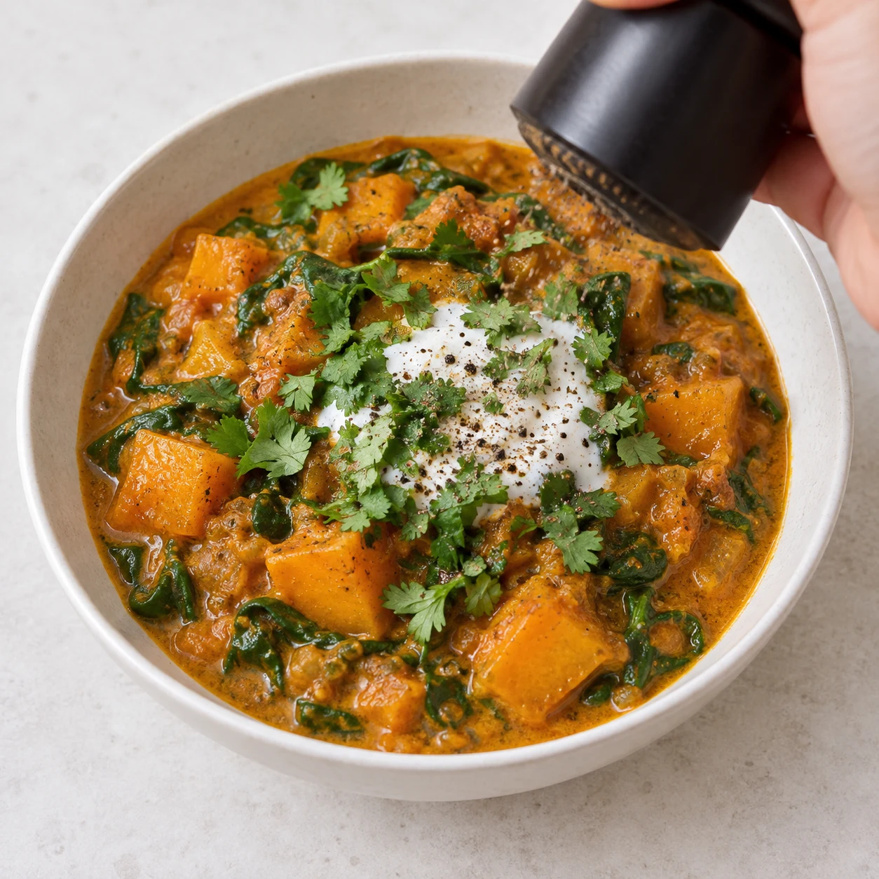 Moulin neutre en action au-dessus du bol de curry de butternut, coriandre et touche de yaourt soja, sans riz ni graines.