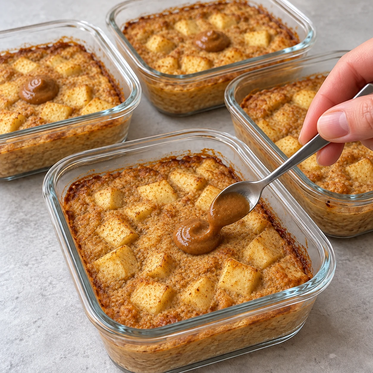 Main anonyme ajoutant une petite cuillerée de pâte de spéculoos brune et lisse sur un bowl cuit aux dés de pomme, dans son contenant en verre.