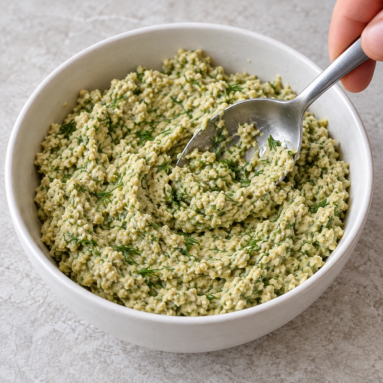 Cuillère incorporant des fragments fins d’aneth dans une tapenade vert pâle au tofu.