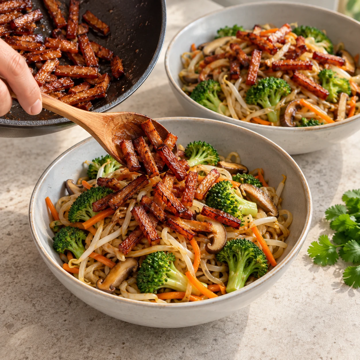 Petites lamelles allongées de lardons végétaux fumés brun rosé, jamais cubes ; Ajouter seulement des lardons végétaux caramélisés sur les deux bols de nouilles ; aucun poulet.
