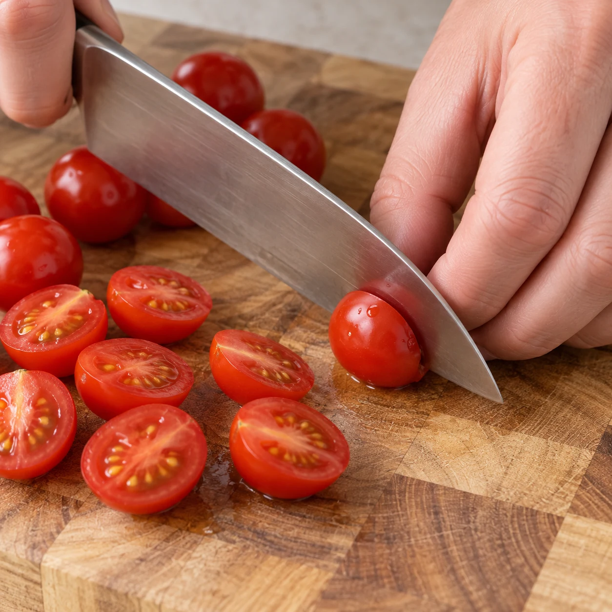 Mains anonymes coupant en deux des tomates cerises rouges et jaunes, prise en griffe sûre.