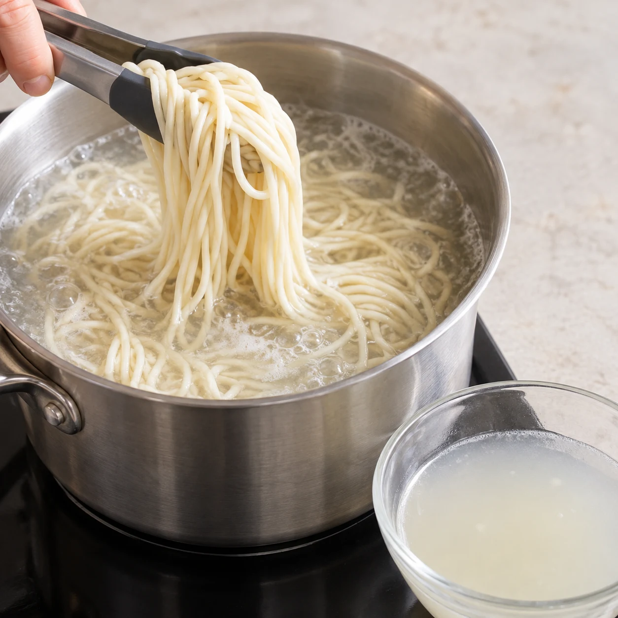 Plonge les 220 g de nouilles dans une casserole d’eau bouillante et cuis-les selon la notice du paquet vérifié. Avant de les égoutter, garde un peu de leur eau de cuisson. Montrer uniquement les ingrédients de cette étape. Pour le haché : petites miettes de soja cuisiné rouge-brun à la tomate et aux oignons, légèrement humides, jamais viande ni tofu. Huile pimentée liquide sans gros morceaux de piment ; poivre noir moulu, aucune baie de Sichuan. Lumière naturelle claire, pierre pâle, vaisselle neutre, mains adultes anonymes seulement si nécessaires ; aucun texte, visage, vêtement, bijou ni identité de la personne.