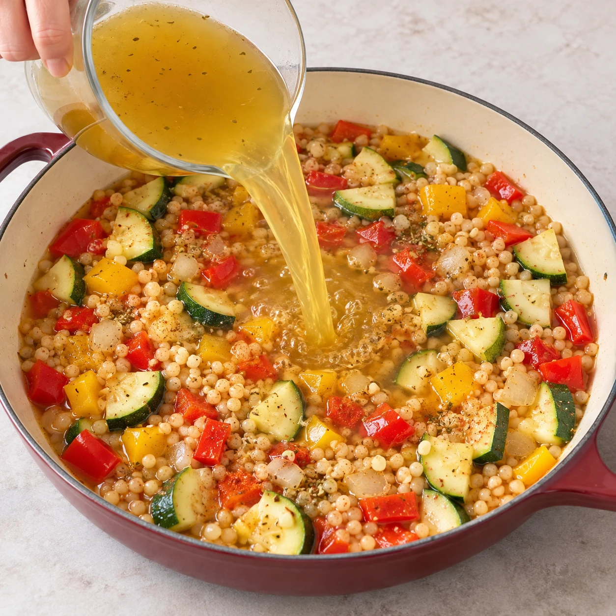 Verser les 500 ml de bouillon de légumes déjà reconstitué sur les perles et les légumes ; aucun cube sec dans le liquide.