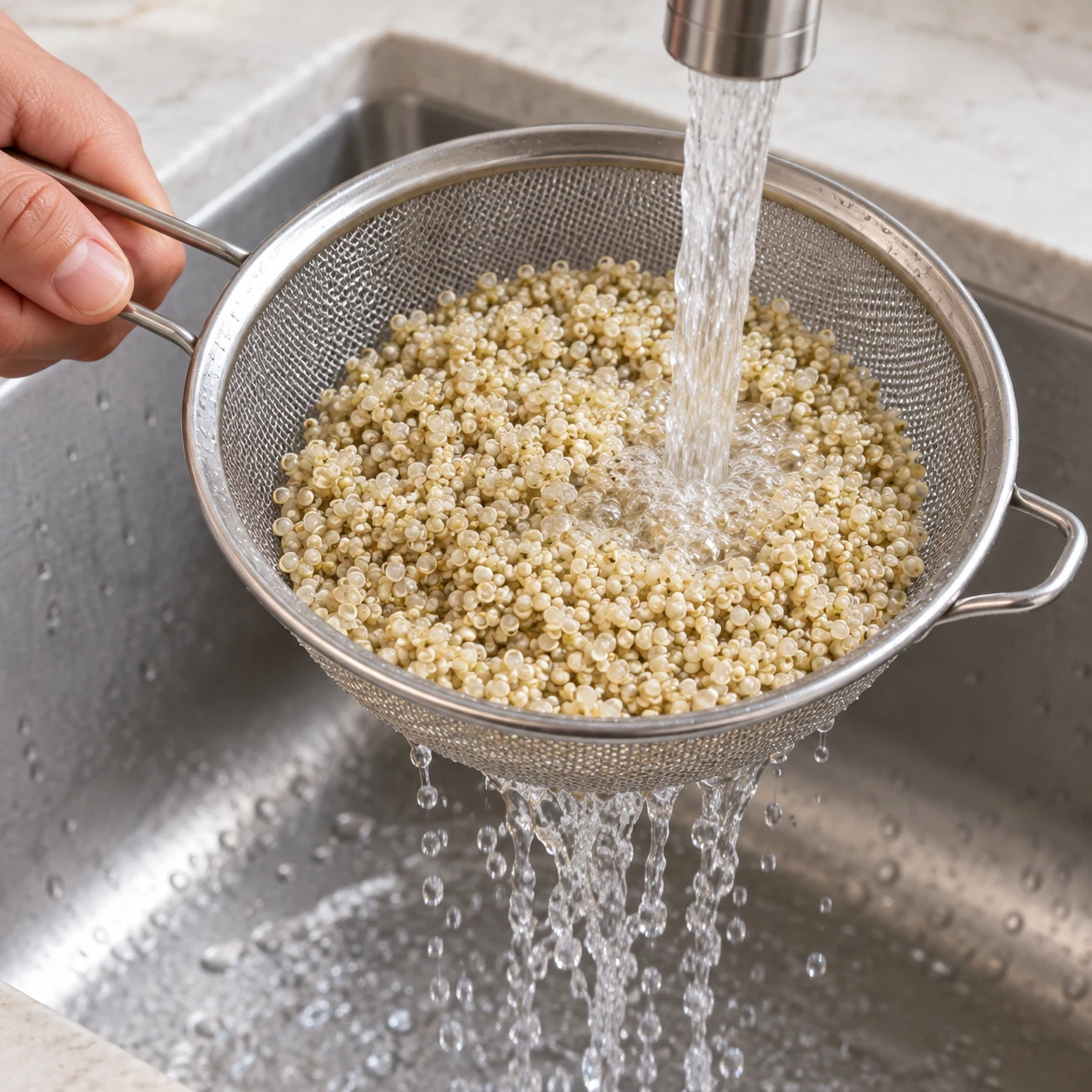 Mains adultes anonymes rinçant le quinoa trempé dans une passoire.
