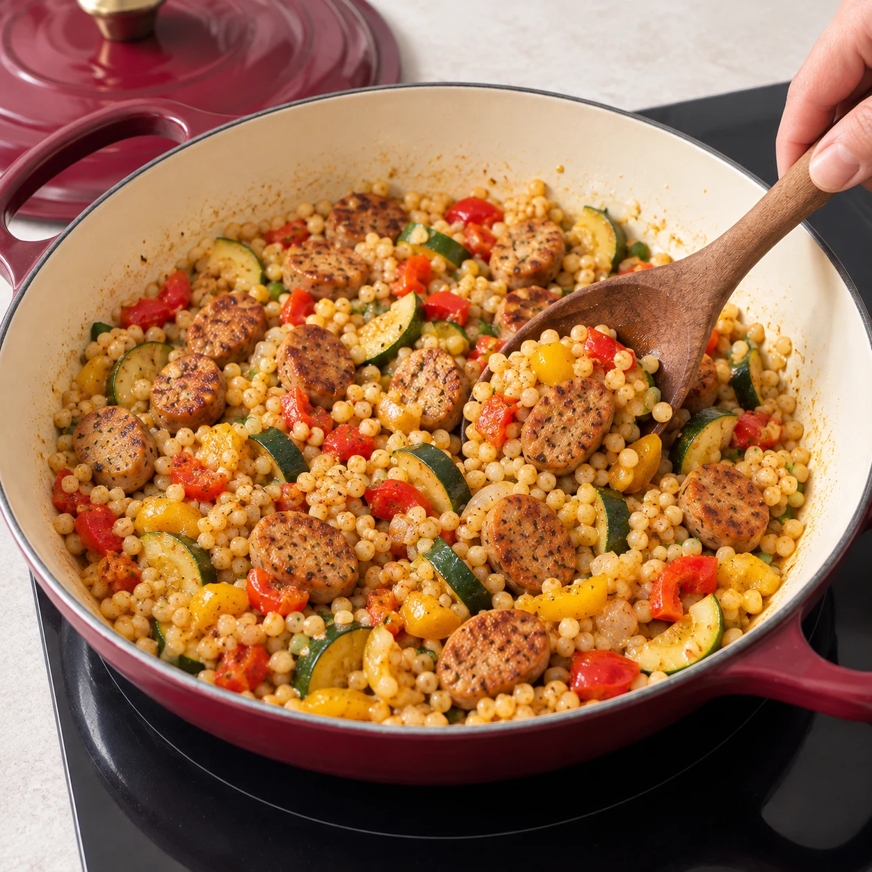 Une cuillère remue les perles précuites tendres avec les légumes et les chipolatas ; presque tout le bouillon est absorbé.