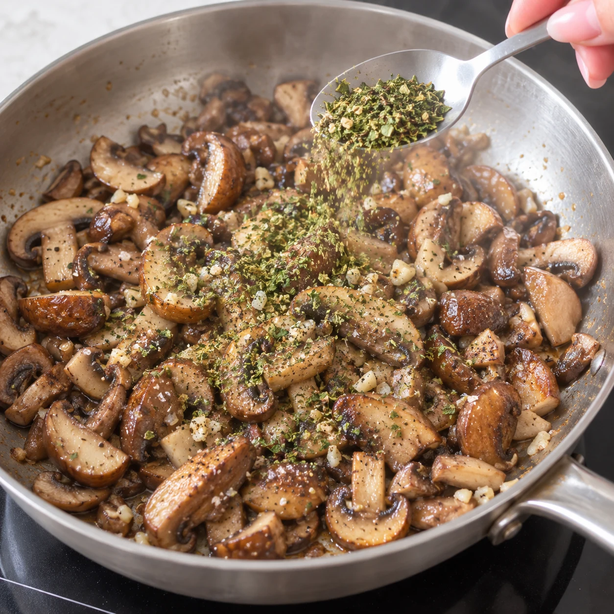 Une cuillère saupoudre de la persillade sèche sur les champignons dorés ; sel et poivre discrets.