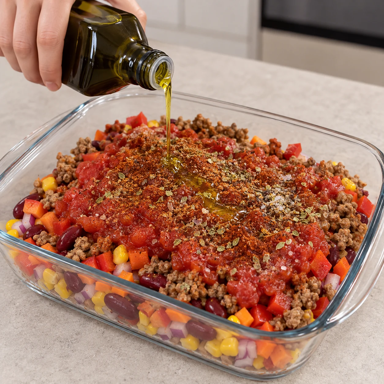 Filet d’huile d’olive au-dessus des couches de légumes, tomate et haché de soja brun déjà poudrées d’épices et d’origan.