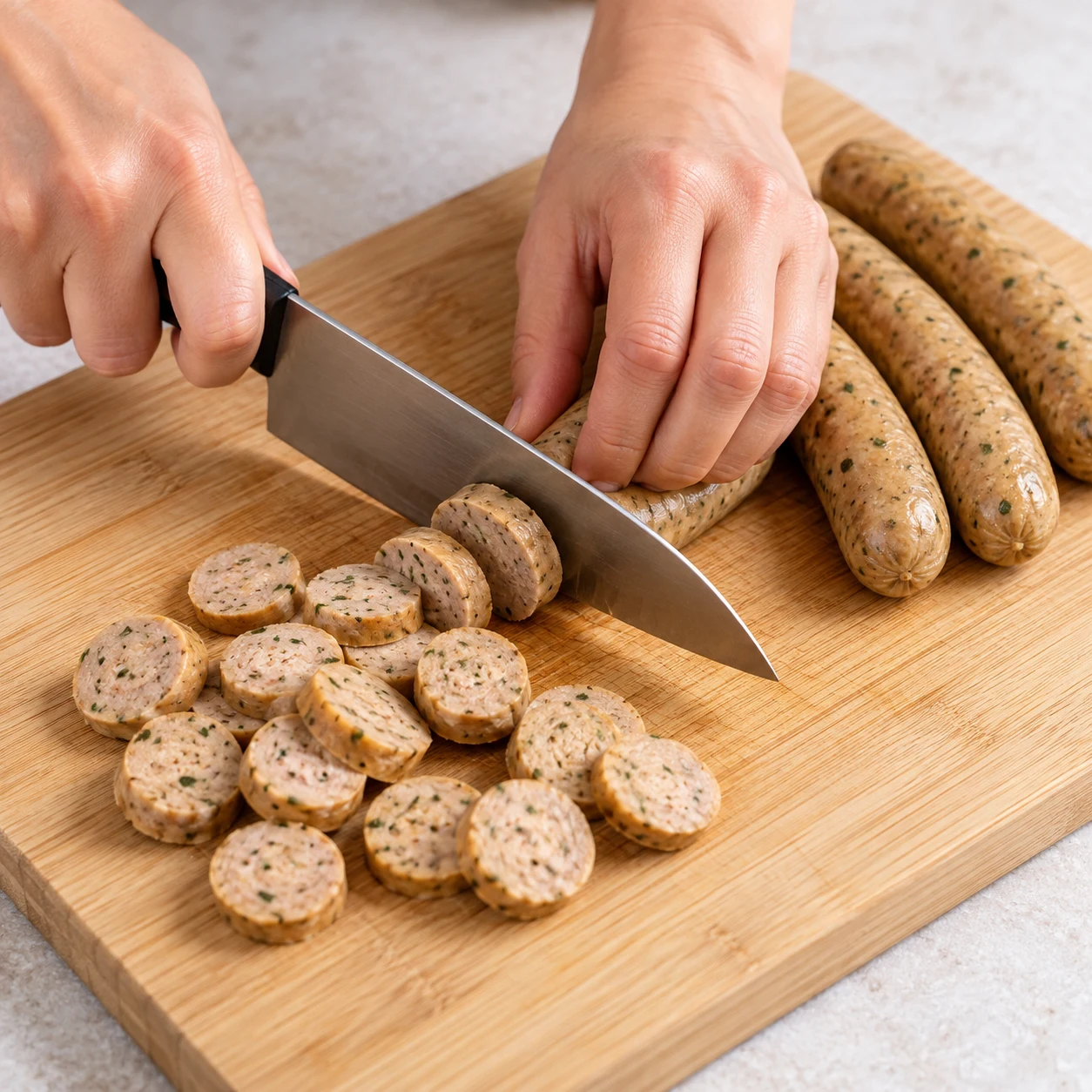 Tranche les 4 chipolatas végétales en rondelles sur une planche stable. Garde les doigts repliés loin de la lame.