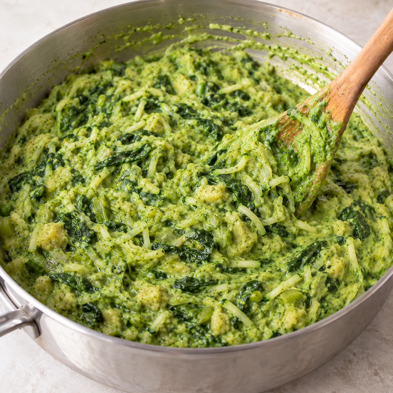 Incorporer la purée. La purée enrobe les légumes et le mélange reste épais et humide. Une seule action, cadrage carré, aucun texte ni personne identifiable.