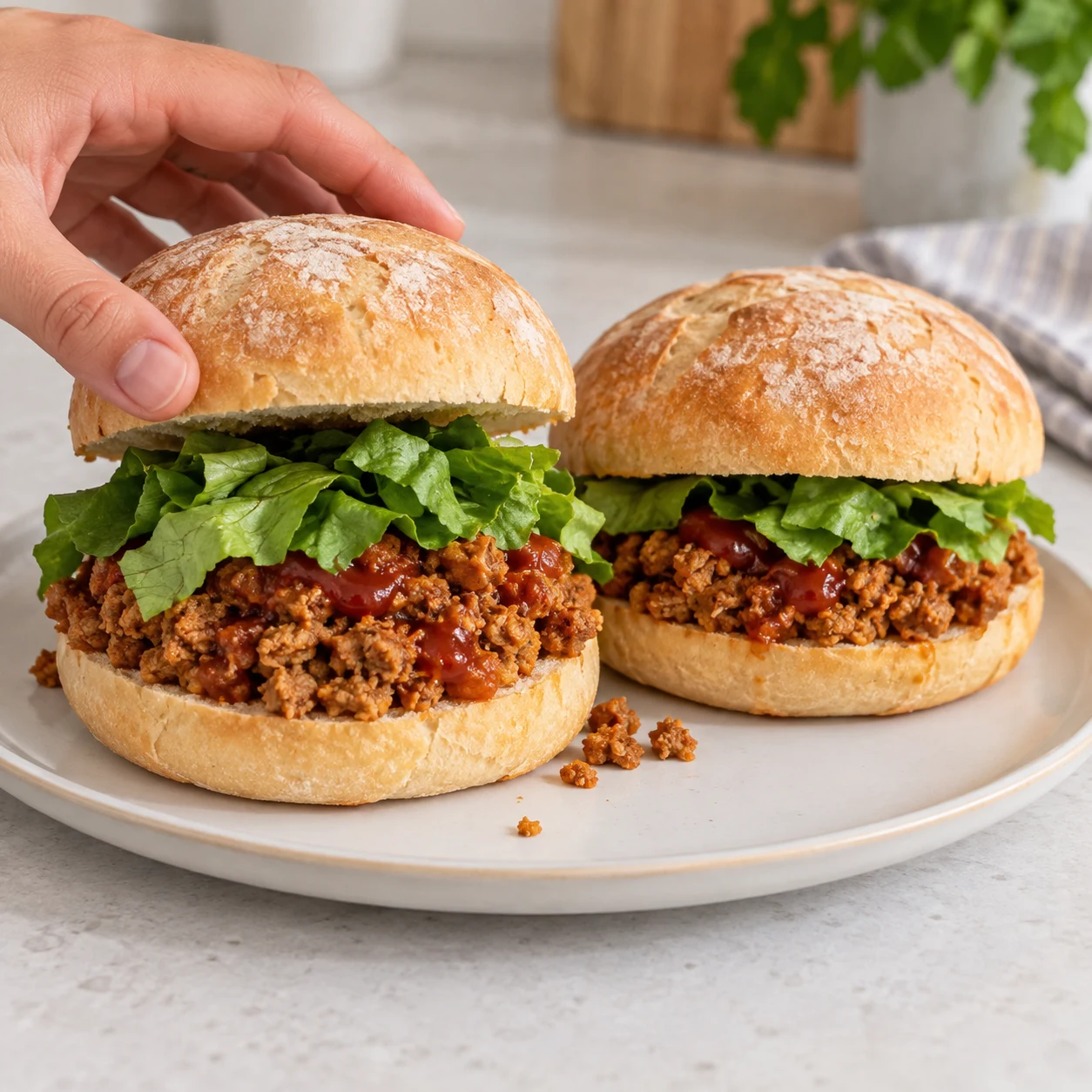 Refermer les sandwichs. Pose le dessus de chaque pain sur sa garniture et sers les deux sandwichs. Les deux sandwichs sont fermés et prêts à servir.. Petits morceaux de haché de soja cuisiné, pas de fibres longues.