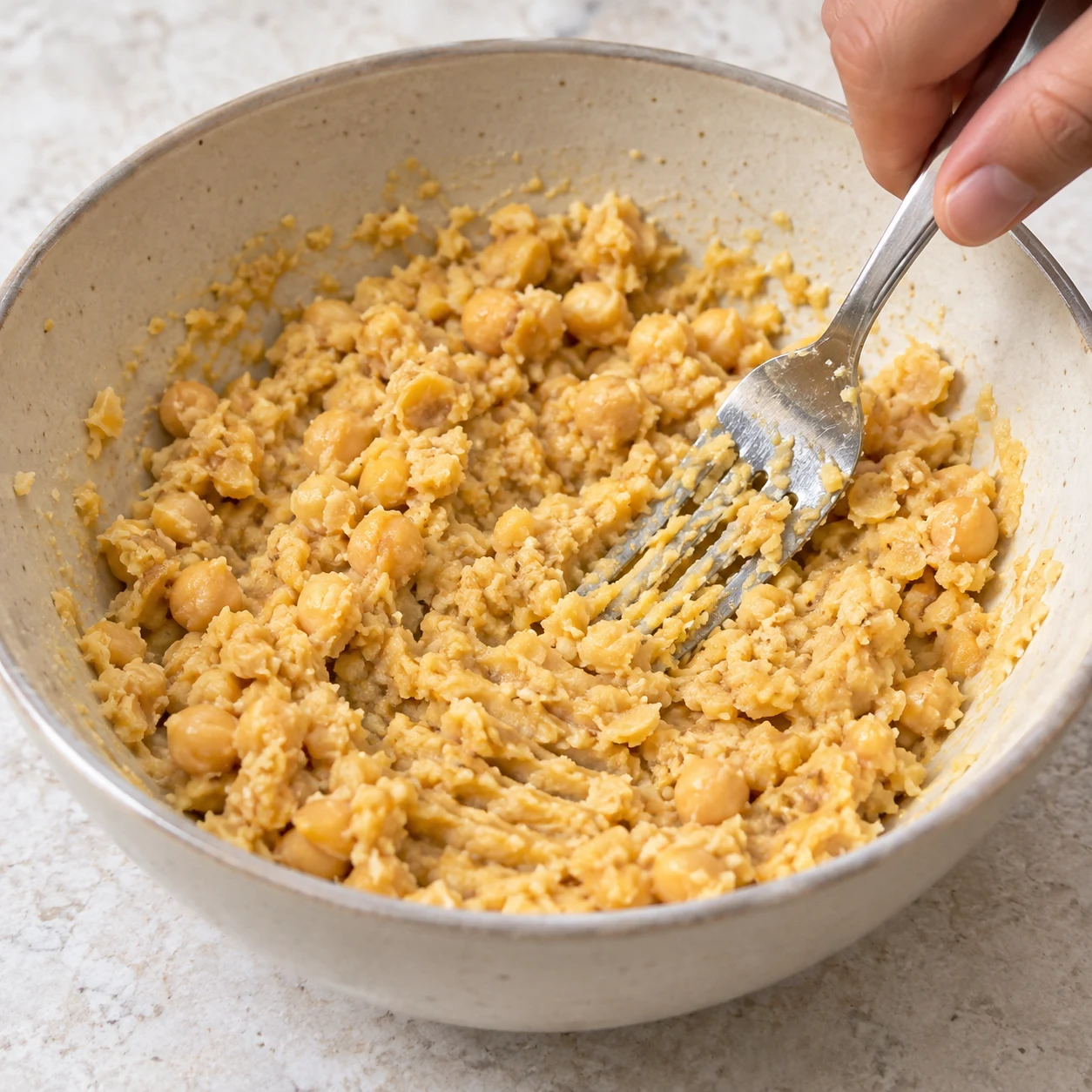 Écrase les pois chiches égouttés à la fourchette dans un bol jusqu’à obtenir une purée épaisse avec quelques petits morceaux. Résultat visible : Les pois chiches ne sont plus entiers et la purée reste épaisse.