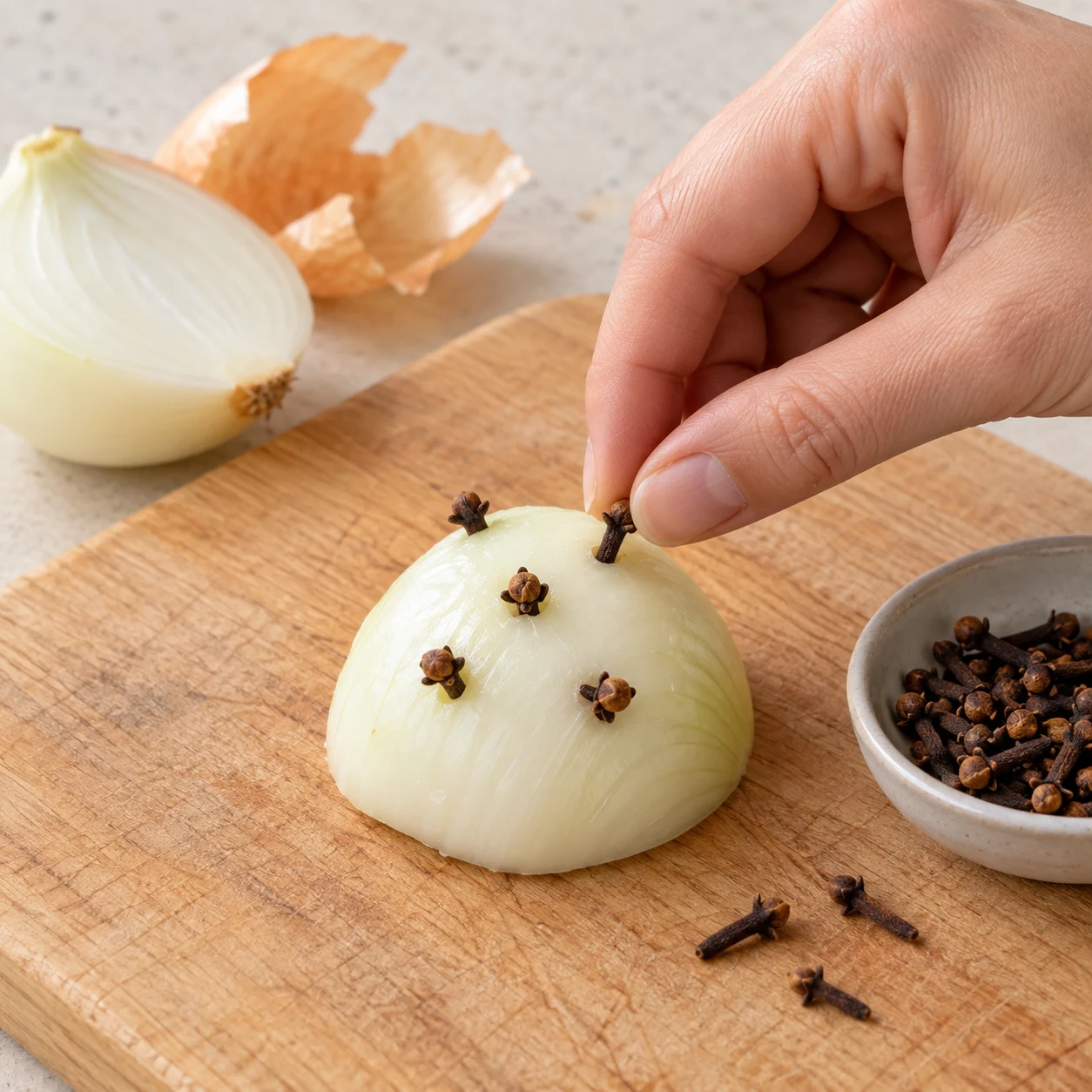Piquer le demi-oignon : Pèle un demi-oignon et pique-le de quelques clous de girofle pour le bouillon. Repère final : Les clous de girofle sont fichés dans le demi-oignon.