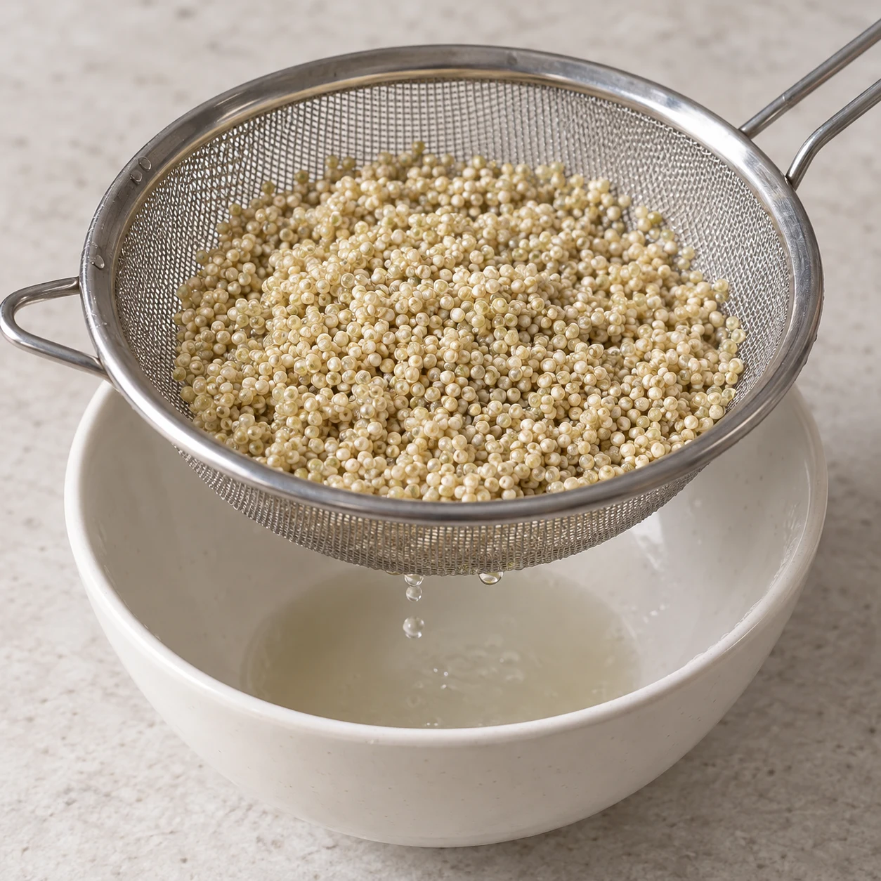 Quinoa humide mais égoutté dans une passoire au-dessus d’un bol.