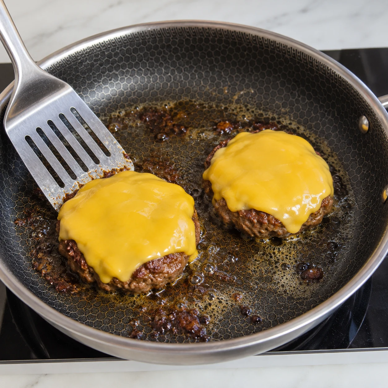 Une image carrée de l’action « Faire fondre une tranche sur chaque steak », avec seulement les ingrédients autorisés à cette étape, dans leur état réel. Le fromage végétal est souple sur les steaks et le haché est cuit selon sa notice. Mains anonymes si le geste le nécessite, aucun visage ni texte.