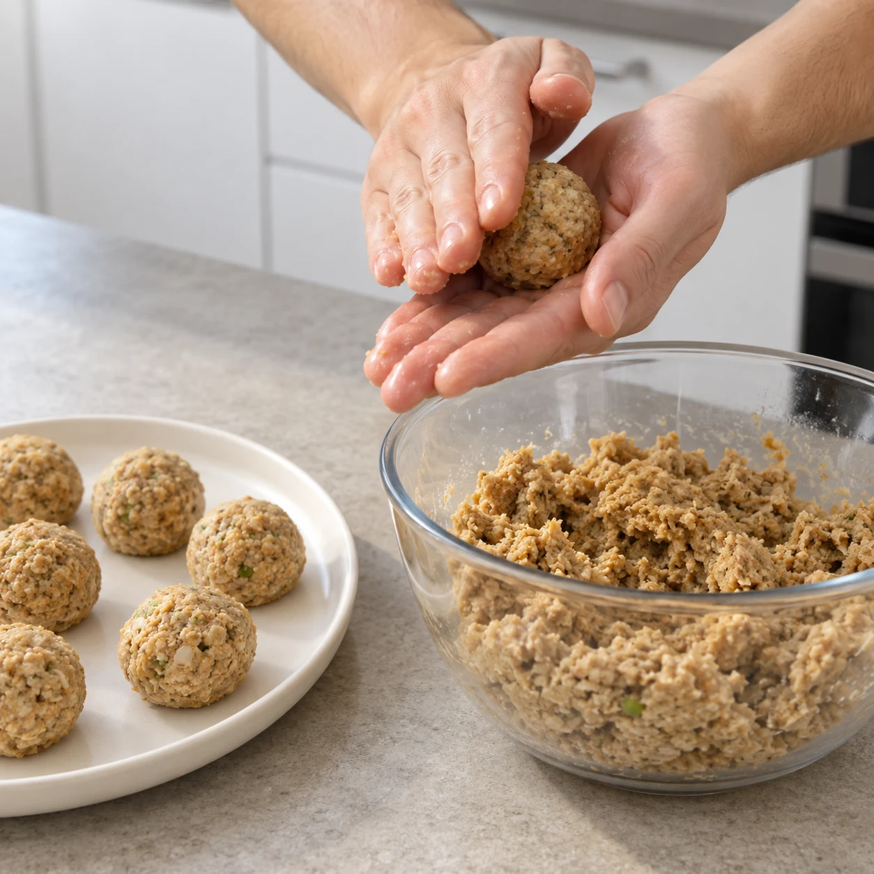 Mains anonymes formant une boulette de pâte beige entre les paumes au-dessus d’un bol.