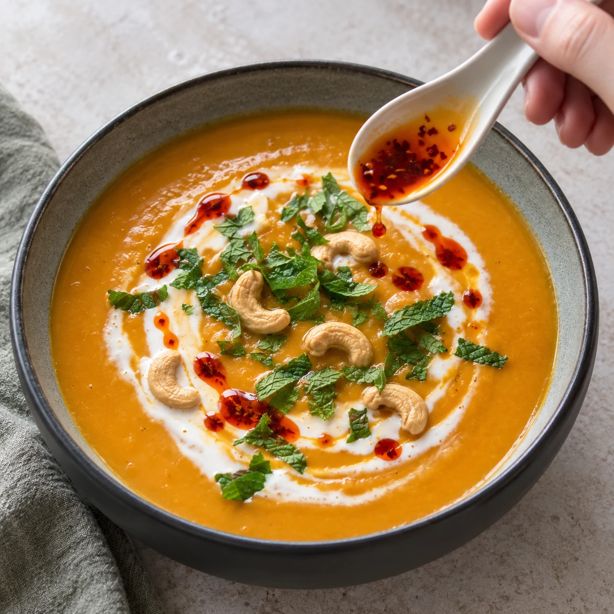 Cuillère déposant de l’huile pimentée sur soupe orange garnie coco, cajous et menthe.
