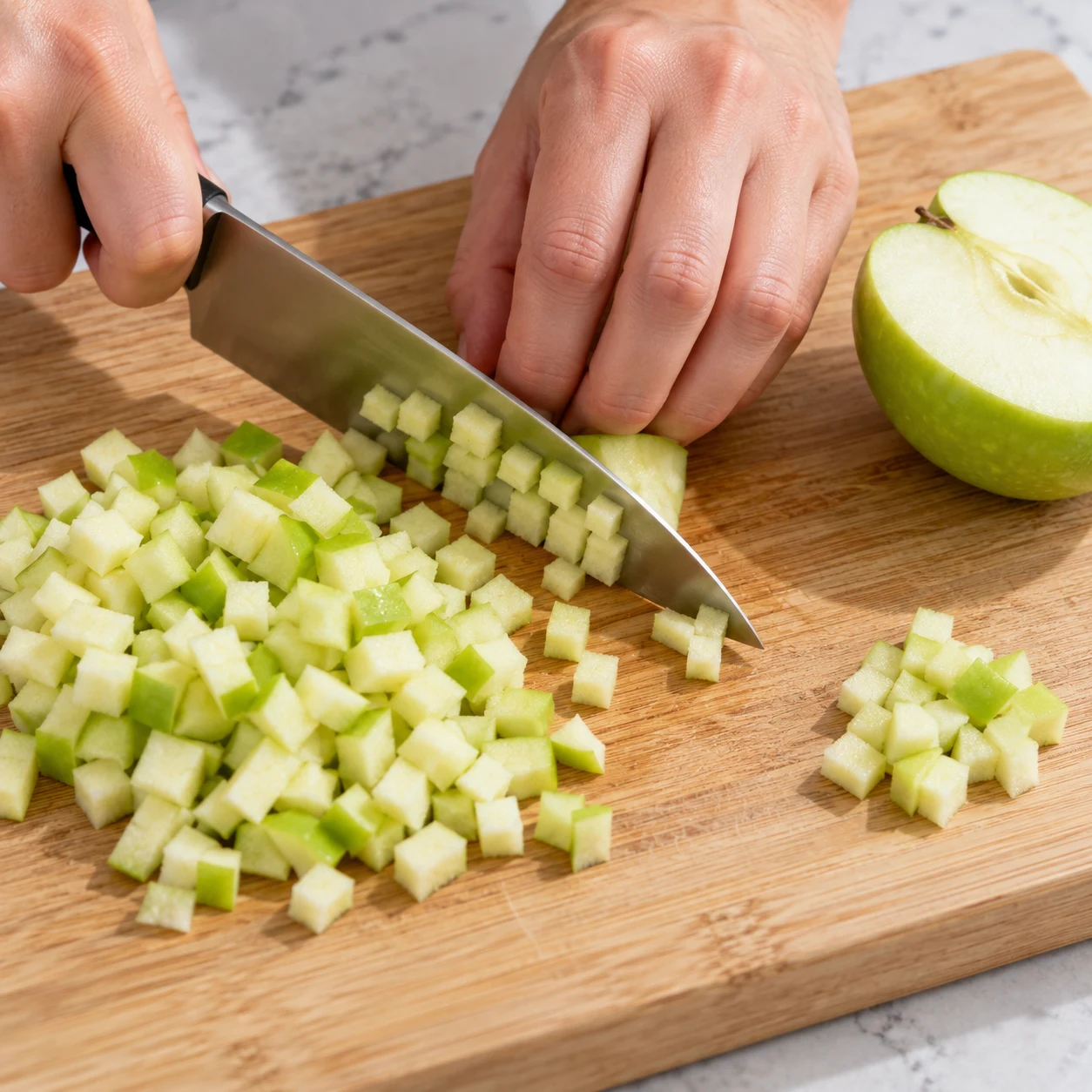 Une main en griffe coupe une pomme verte en très petits dés, sans steaks visibles.