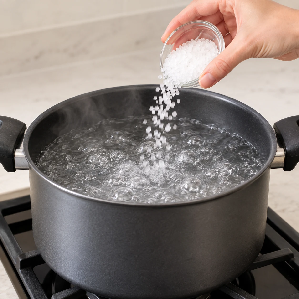 Marmite d’eau bouillante avec une main anonyme ajoutant du gros sel, aucune pâte encore.