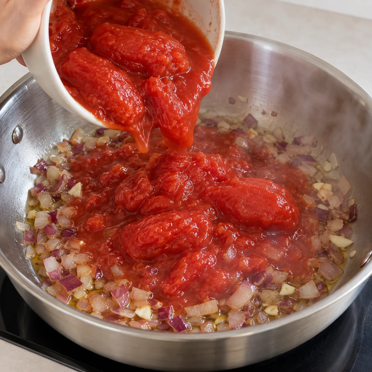 Verse les 400 g de tomates pelées avec leur jus dans la poêle. Montrer uniquement les ingrédients présents à cette étape.