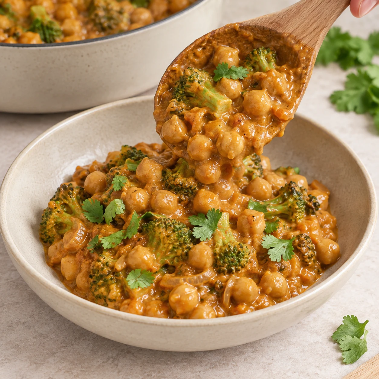 Curry pois chiches brocoli sauce orangée, quelques petites feuilles de coriandre fraîches au service dans une assiette neutre, sans riz ni quartier de citron ajouté.