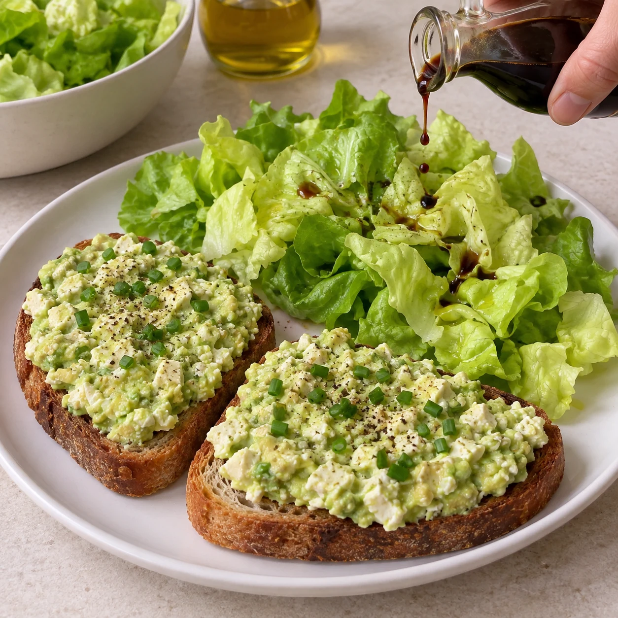Quelques gouttes de vinaigre sur la salade ; tartines terminées à côté, aucune garniture supplémentaire.