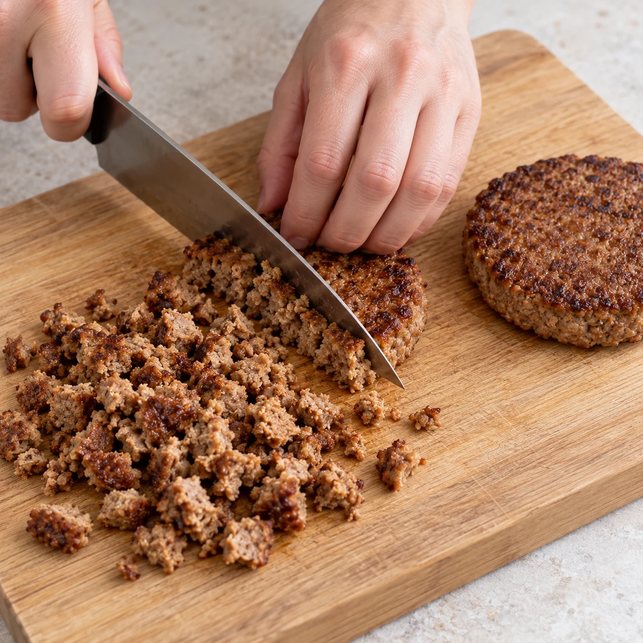 Découpe de steaks végétaux cuits en petits morceaux, doigts repliés sur une planche stable.