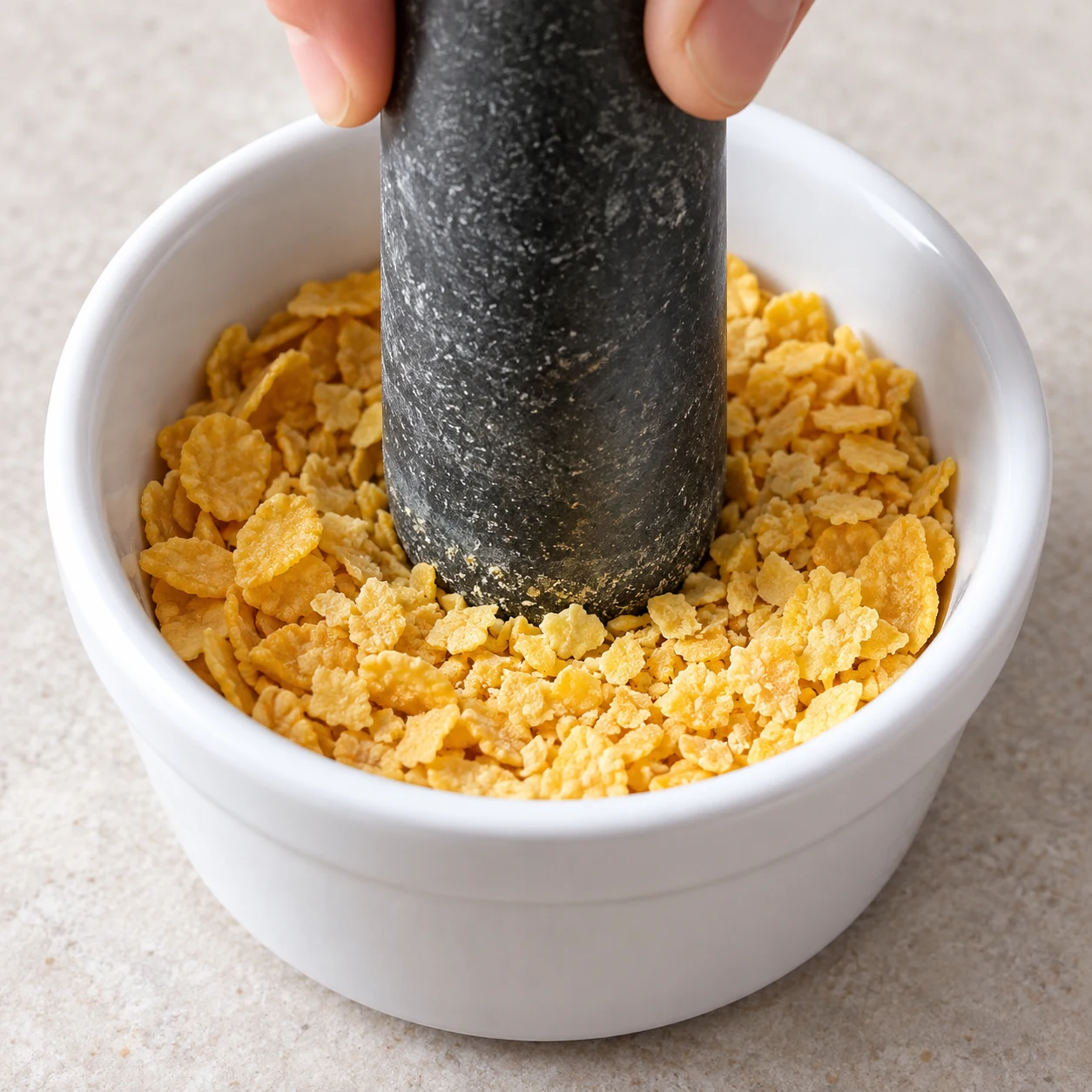 Petit bol blanc rempli de corn flakes dorés en éclats, pilon qui les écrase.
