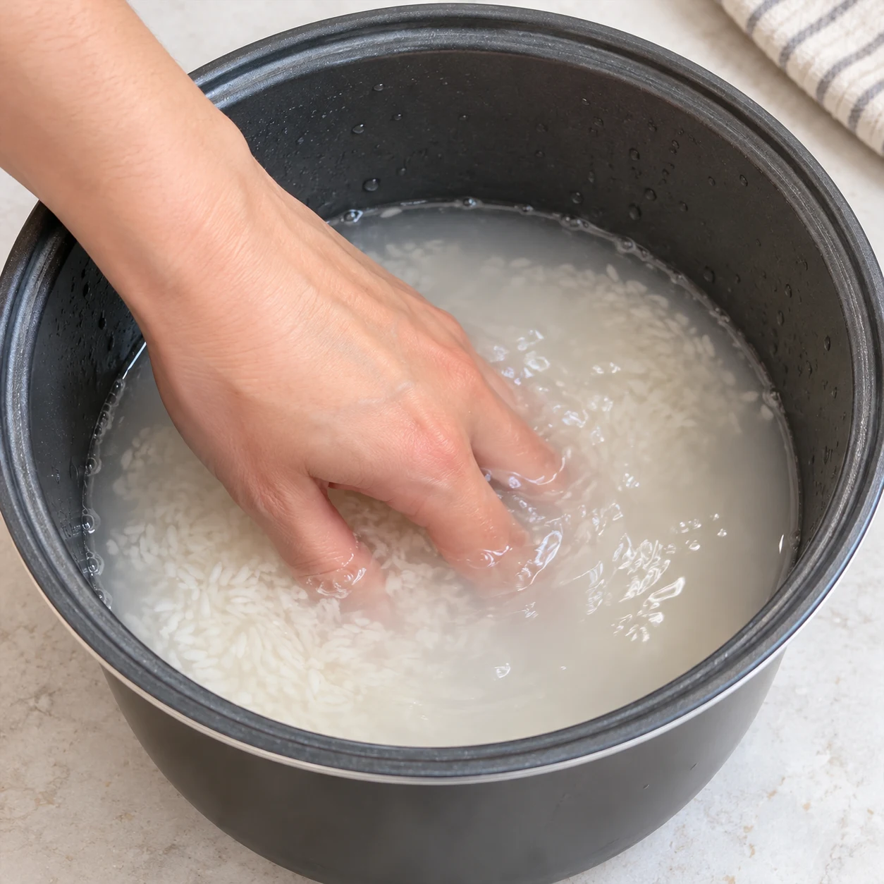 Une main anonyme brasse le riz blanc cru dans une cuve ronde avec de l’eau trouble.