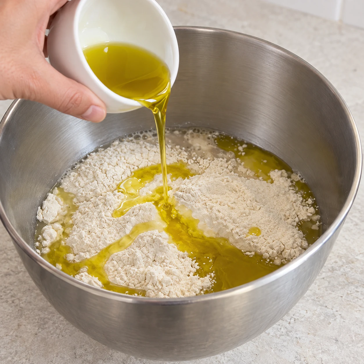 Versez les 105 ml d’huile d’olive dans le bol.
