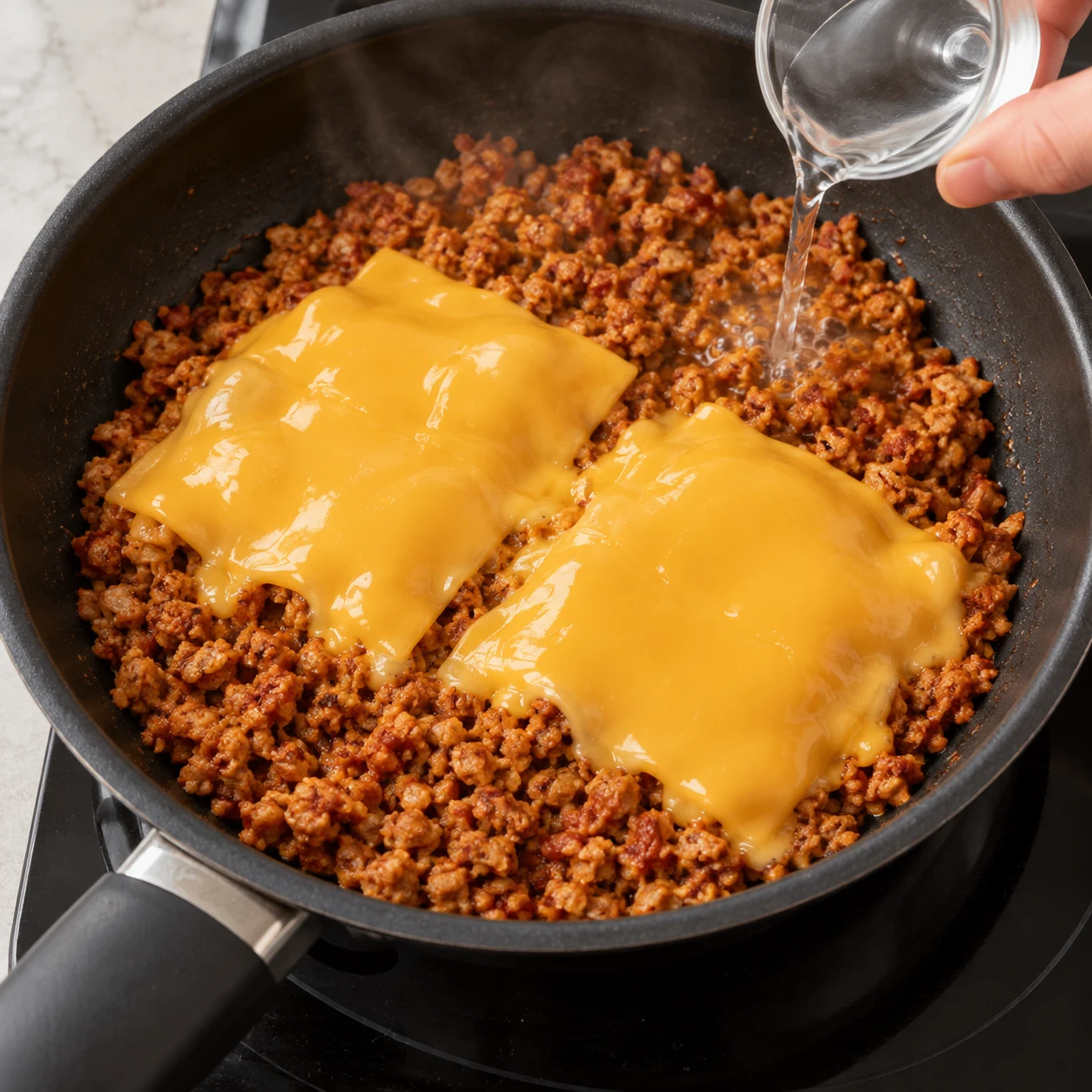 Deux fines tranches de fromage végétal fondent sur un lit de petits grains brun rouge de haché végétal de soja.