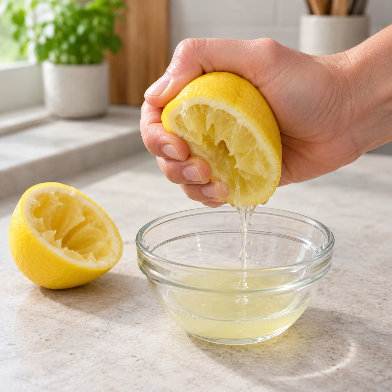 Demi-citron pressé au-dessus d’une coupelle.