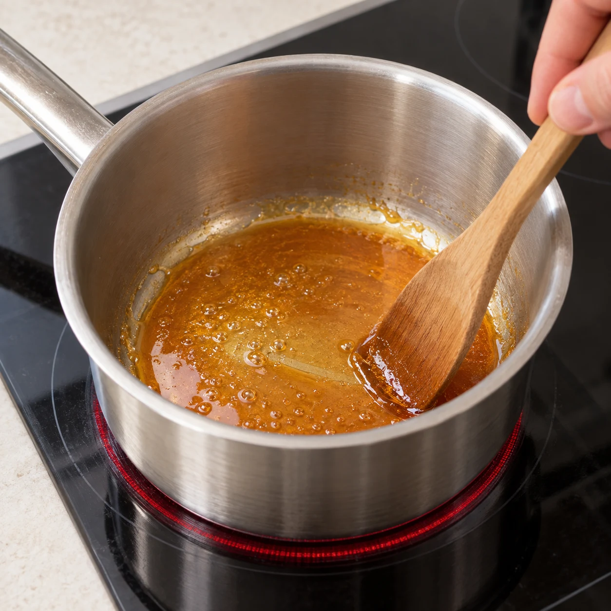 Fine couche de caramel doré au fond d’une petite casserole.