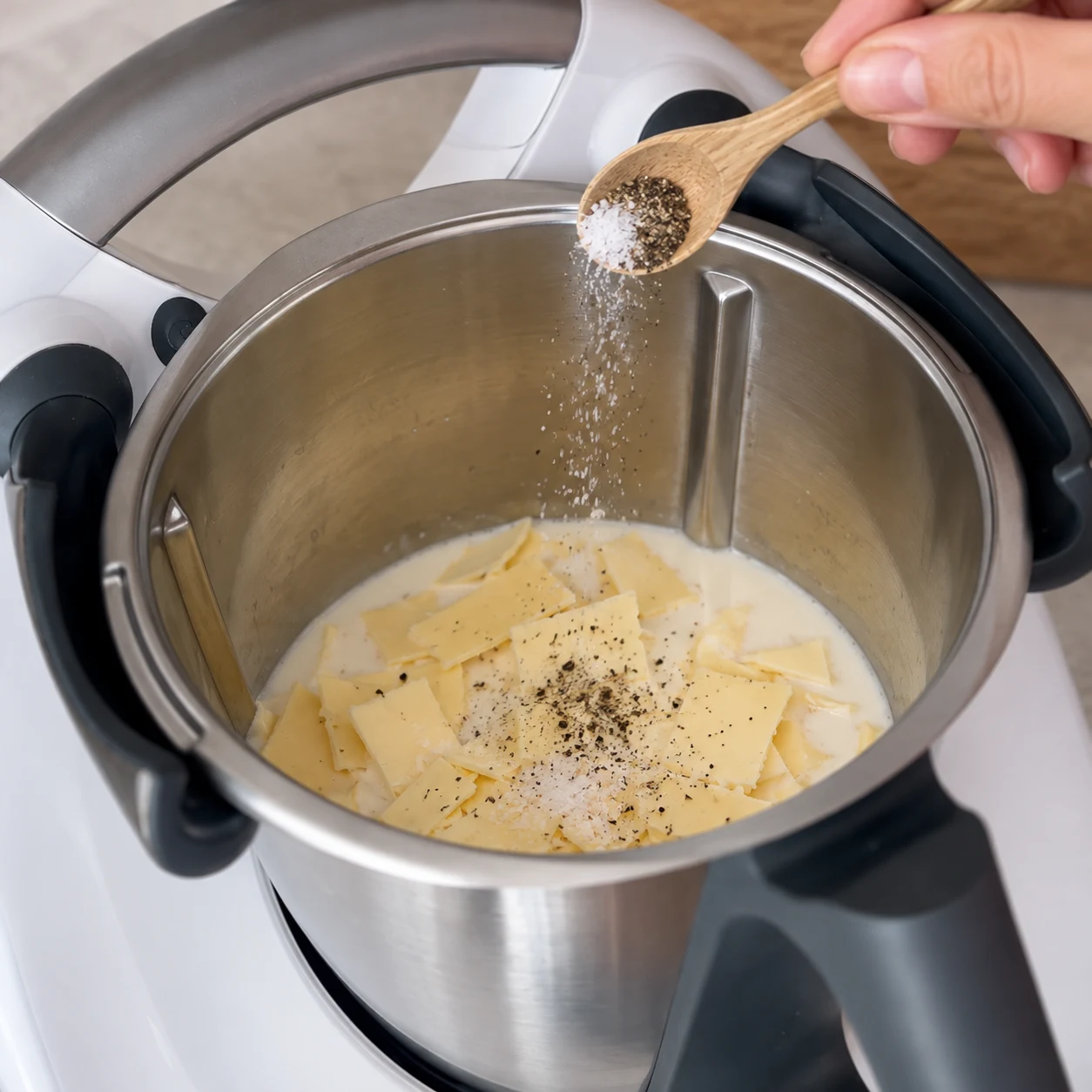 Une main assaisonne la crème de soja et les morceaux de tranchettes encore froids avec une petite cuillère de sel et poivre.