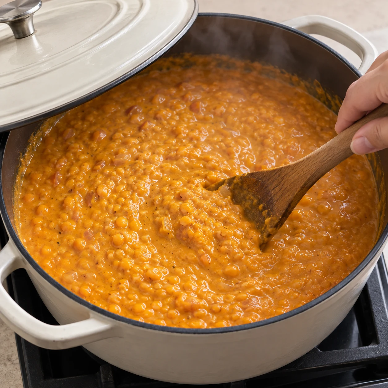Dahl orange épais aux lentilles cuites, spatule remuant dans un fait-tout, couvercle entrouvert, aucune garniture.