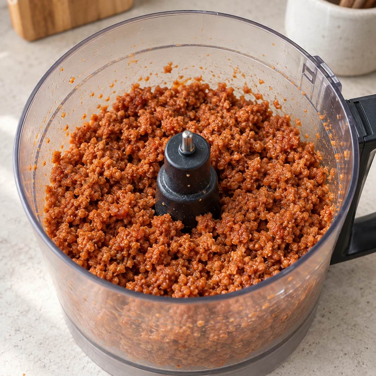 Haché végétal de soja cuisiné fin et humide, légèrement rouge brun de tomate, dans le bol du robot. Aucun bloc de tofu et aucune PST sèche.
