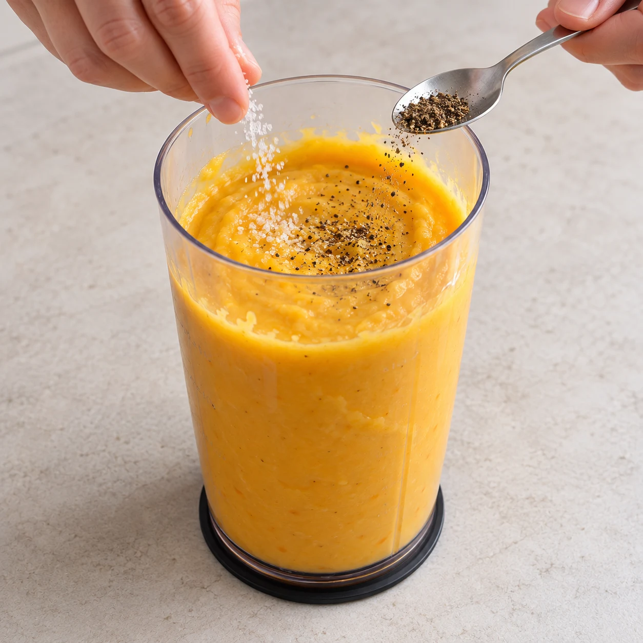 Assaisonner la purée : Le sel et le poivre sont incorporés uniformément dans la purée.