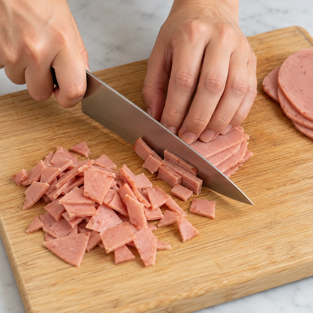 Fines tranches roses de jambon végétal découpées en petits morceaux sur une planche stable.