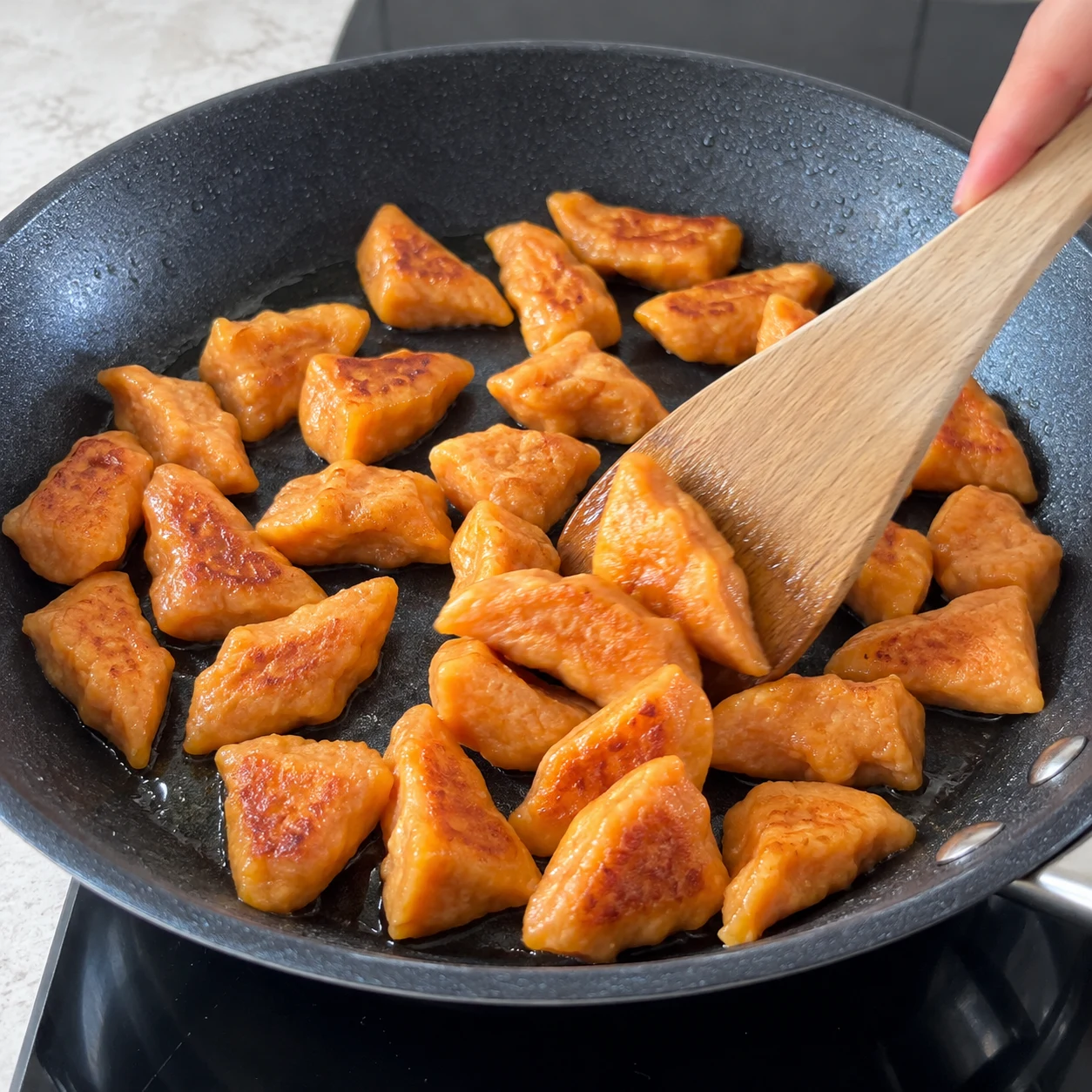 Spatule retournant des gnocchis orange dorés dans une poêle, sans épinards.