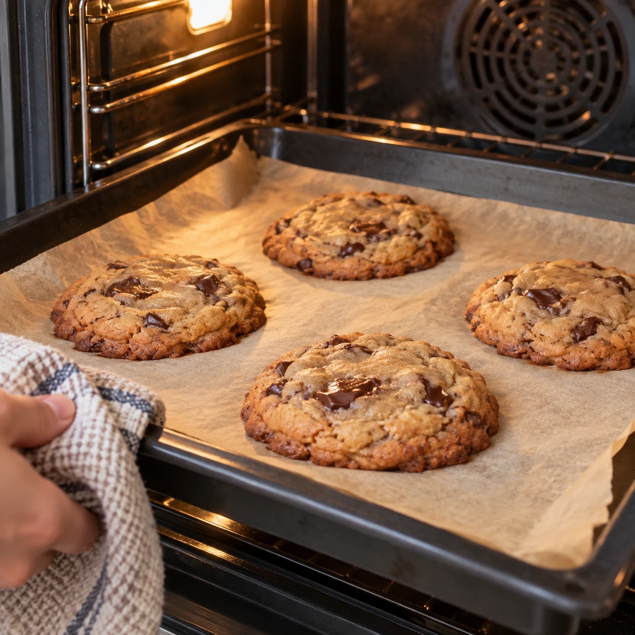 Dans le four préchauffé entre 160 et 170 °C, cuire les cookies 9 à 10 minutes maximum selon la source. Surveiller les bords : l’adaptation à la compote donne un centre plus moelleux.