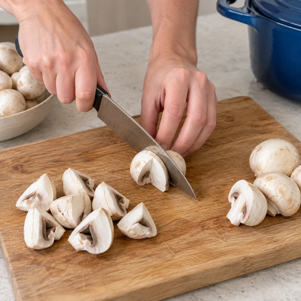 Couteau coupant un champignon en quartiers sur une planche stable.