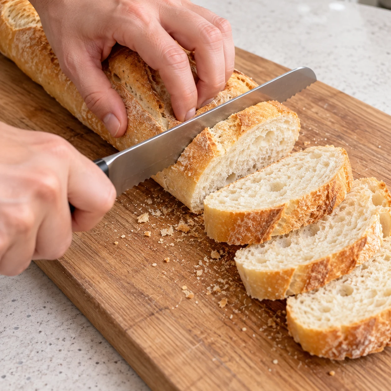 Mains adultes anonymes coupant une demi-baguette blanche cuite et tiédie en tranches sur une planche stable avec un couteau à pain. Aucun autre aliment.