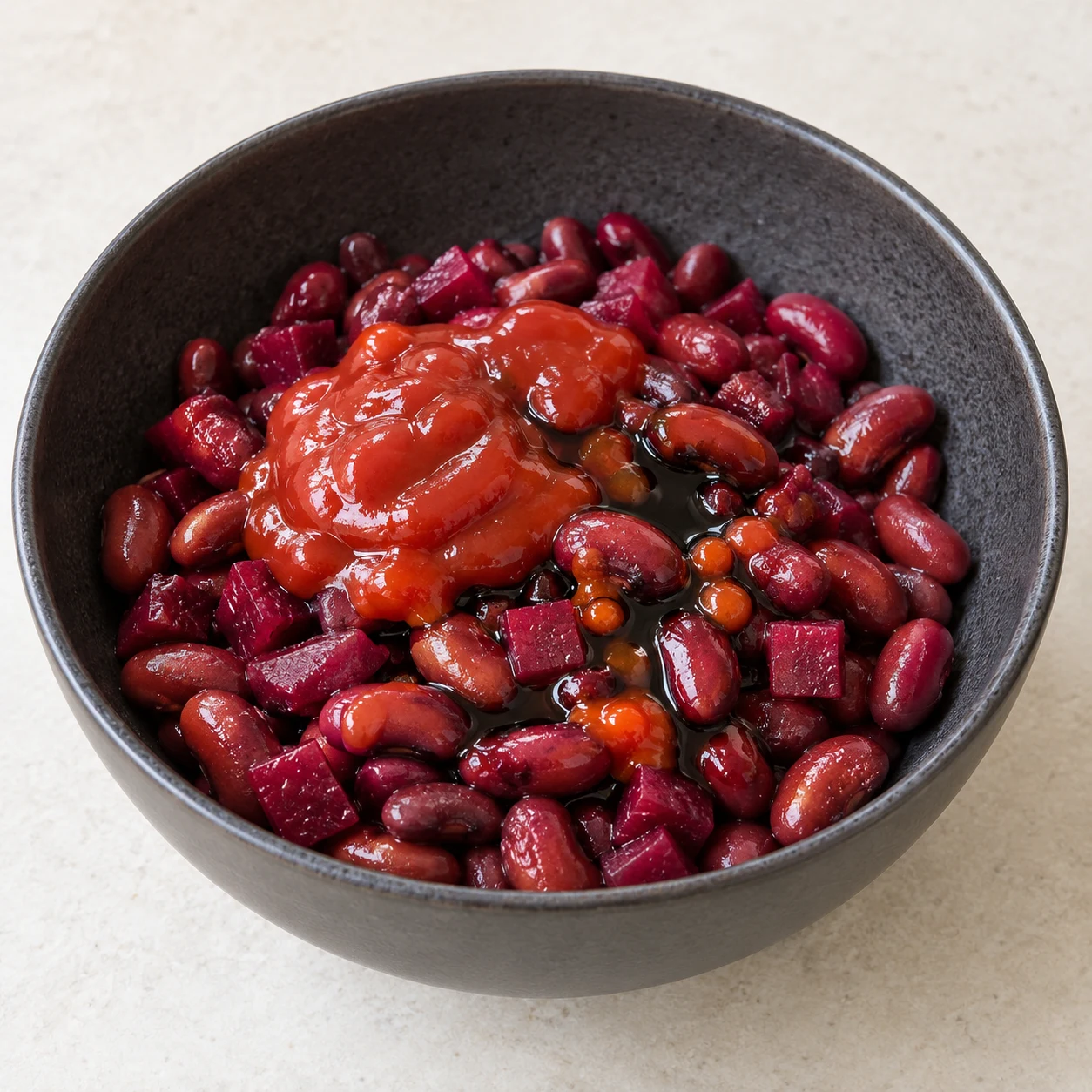 Assaisonner le mélange : Les sauces sont versées sur les haricots et la betterave.